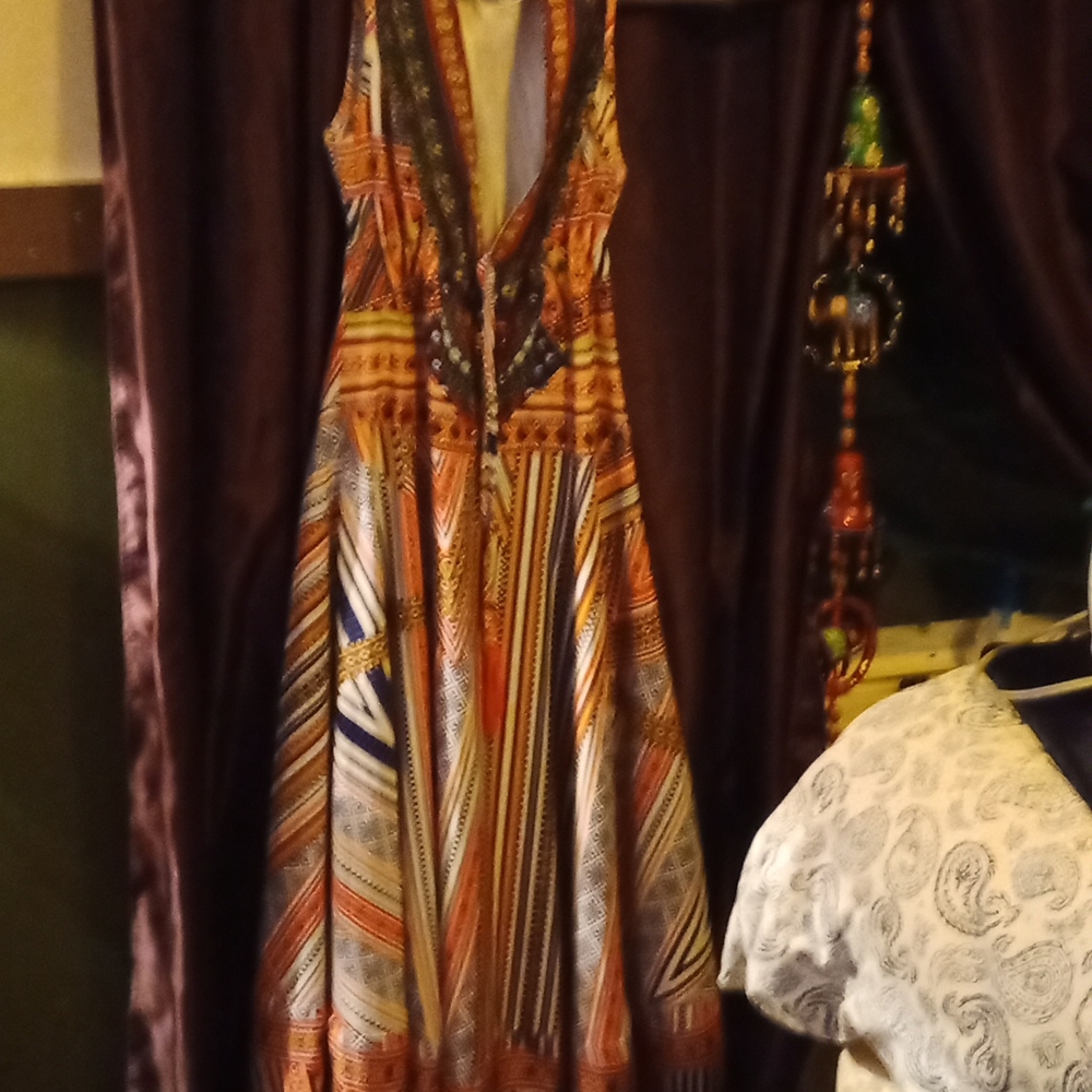 OSHOPLIVE Deep V NECK A-Line Empire Waist Boho Maxi Dress Multi Color Size L
